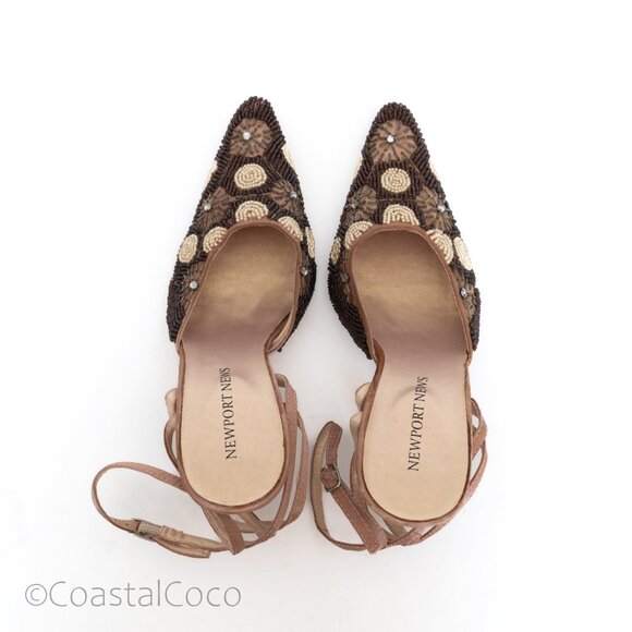 Newport News Velvet Beaded Rhinestone Heels 6.5 Neutral Blush Y2K Party Wedding - Picture 2 of 10